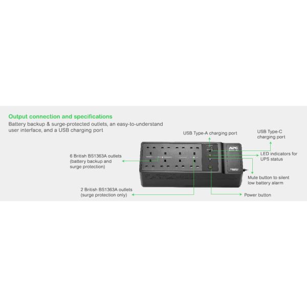 APC BE1050G2-UK UPS Stand-by (Offline) 1,05 kVA 600 W 8 AC-uitgang(en) (BE1050G2-UK) APC BE1050G2-UK UPS Stand-by (Offline) 1,05 kVA 600 W 8 AC-uitgang(en) (BE1050G2-UK)