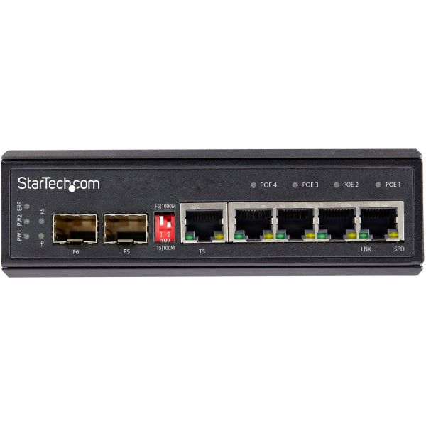 StarTech.com Industrial 6 Port Gigabit Ethernet Switch 4 PoE RJ45 +2 SFP Slots 30W PoE+ 12-48VDC 10/100/1000 Rugged Power Over Ethernet LAN Switch -40C to 75C DIN Monteerbaar (IES1G52UP12V)