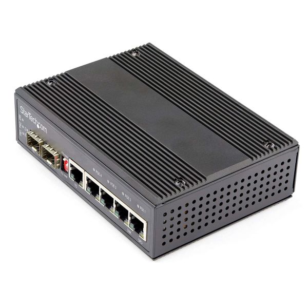 StarTech.com Industrial 6 Port Gigabit Ethernet Switch 4 PoE RJ45 +2 SFP Slots 30W PoE+ 12-48VDC 10/100/1000 Rugged Power Over Ethernet LAN Switch -40C to 75C DIN Monteerbaar (IES1G52UP12V)