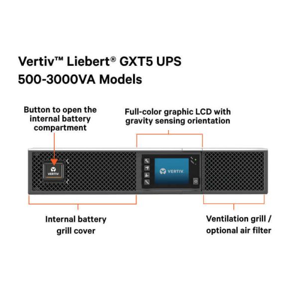 Vertiv Liebert GXT5 UPS Dubbele conversie (online) 3 kVA 3000 W 7 AC-uitgang(en) (GXT5-3000IRT2UXL) 3/7 Vertiv Liebert GXT5 UPS Dubbele conversie (online) 3 kVA 3000 W 7 AC-uitgang(en)