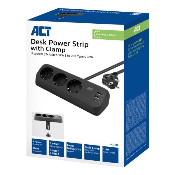 ACT Stekkerdoos met 3 type-F stopcontacten, 30W Power Delivery, USB Type-C/A poorten, kabellengte 1,5 meter (AC2480)