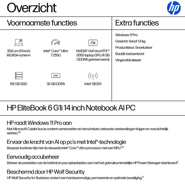 HP EliteBook 6 G1i AI Intel Core Ultra 7 255U Laptop 35,6 cm (14") WUXGA 32 GB DDR5-SDRAM 512 GB SSD Wi-Fi 7 (802.11be) Windows 11 Pro AI PC Zilver (AD4M9ET#ABH)