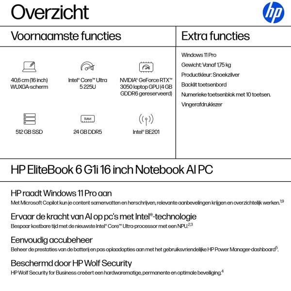 HP EliteBook 6 G1i AI Intel Core Ultra 5 225U Laptop 40,6 cm (16") WUXGA 24 GB DDR5-SDRAM 512 GB SSD Wi-Fi 7 (802.11be) Windows 11 Pro AI PC Zilver (AD4W2ET#ABH)