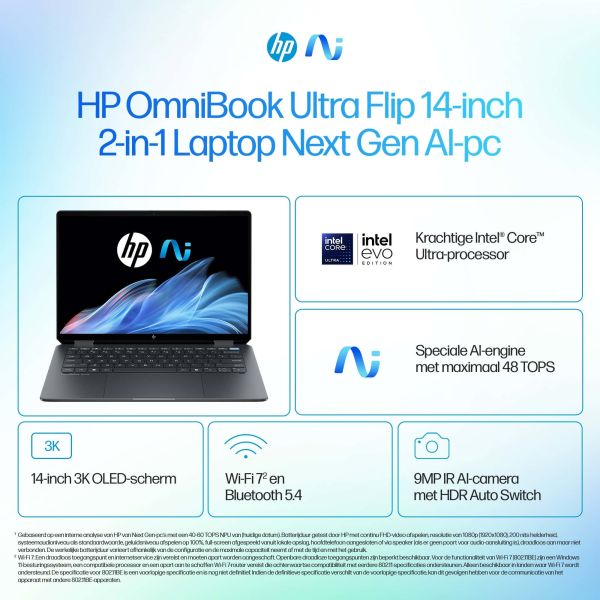 HP OmniBook Ultra Flip 14-fh0090nd Copilot+ PC Intel Core Ultra 9 288V Hybride (2-in-1) 35,6 cm (14") Touchscreen 3K 32 GB LPDDR5x-SDRAM 1 TB SSD Wi-Fi 7 (802.11be) Windows 11 Home Grijs (B2CP9EA#ABH)