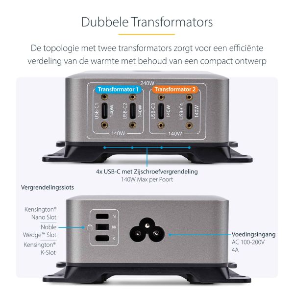StarTech.com 4-Port Multi-Device USB-C Oplader, Totaal 240W, Single Port 140W EPR, PD 3.1, Poorten met Schroefvergrendeling, Ideaal voor Vergaderzalen, Incl Montagebeugel (424DEU-USB-C-CHARGER) StarTech.com 4-Port Multi-Device USB-C Oplader, Totaal 240W, Single Port 140W EPR, PD 3.1, Poorten met Schroefvergrendeling, Ideaal voor Vergaderzalen, Incl Montagebeugel (424DEU-USB-C-CHARGER)