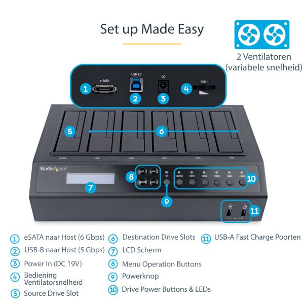 StarTech.com USB 3.0 / eSATA 6-bay harde-schijfduplicatordock 1:5 HDD-/SSD-kloner en -wisser (SATDOCK5U3ER) StarTech.com USB 3.0 / eSATA 6-bay harde-schijfduplicatordock 1:5 HDD-/SSD-kloner en -wisser