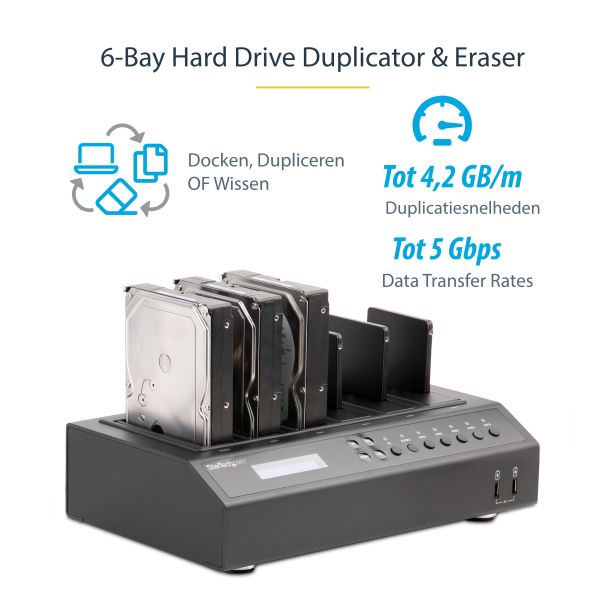 StarTech.com USB 3.0 / eSATA 6-bay harde-schijfduplicatordock 1:5 HDD-/SSD-kloner en -wisser (SATDOCK5U3ER) StarTech.com USB 3.0 / eSATA 6-bay harde-schijfduplicatordock 1:5 HDD-/SSD-kloner en -wisser