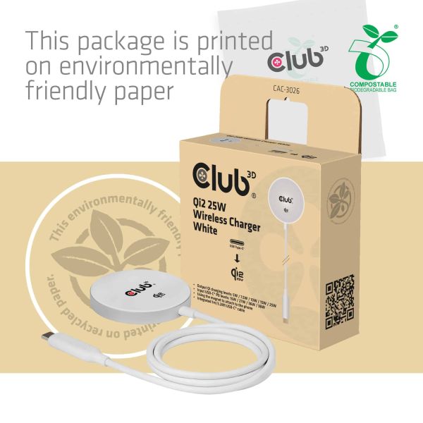 CLUB3D CAC-3027 Qi2 25W draadloze oplader zwart Qi 2.2 MagSafe-compatibel magnetisch pad (CAC-3026)