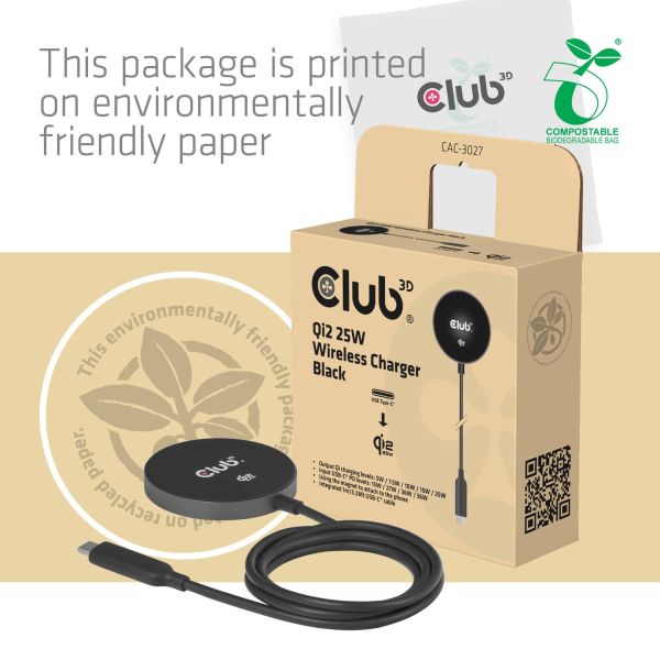 CLUB3D CAC-3027 Qi2 25W draadloze oplader zwart Qi 2.2 MagSafe-compatibel magnetisch pad (CAC-3027)