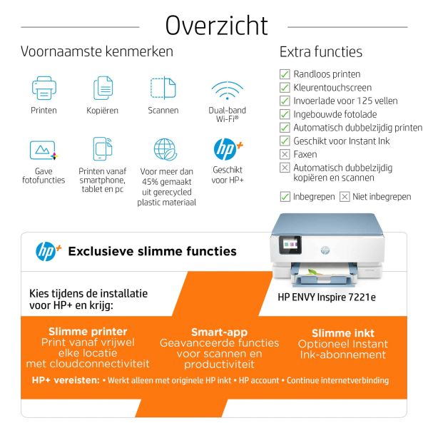 HP ENVY Inspire 7221e Draadloos All-in-One Kleur Printer, Instant Ink; Foto's printen (2H2N1B)