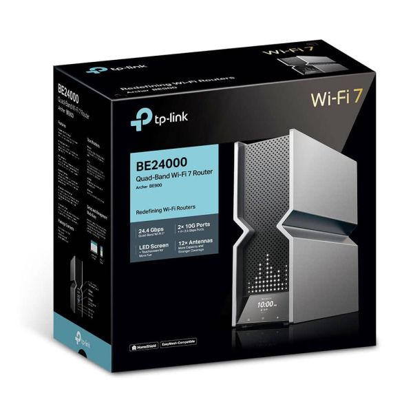 TP-Link Archer BE900 draadloze router Multi-Gigabit Ethernet Quad-band (2.4 GHz / 5 GHz-1 / 5 GHz-2 / 6 GHz) Zwart, Grijs (ARCHER BE900(EU))