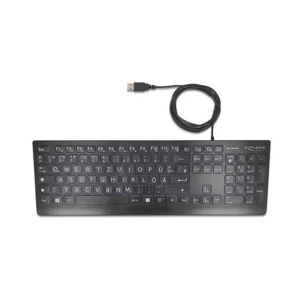 DELOCK USB Tastatur kabelgebunden 1.5m schwarz mit XXL Buchstaben und Beleuchtung (12170)