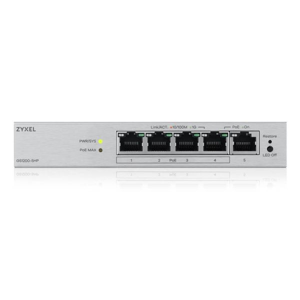 Zyxel GS1200-5HPV3 Managed L2 Gigabit Ethernet (10/100/1000) Power over Ethernet (PoE) Desktop Grijs (GS12005HPV3EU0101F) Zyxel GS1200-5HPV3 Managed L2 Gigabit Ethernet (10/100/1000) Power over Ethernet (PoE) Desktop Grijs (GS12005HPV3EU0101F)