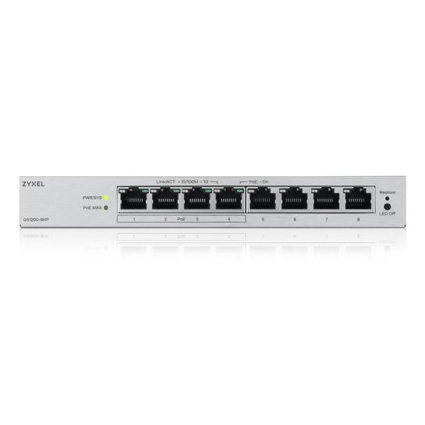 Zyxel GS1200-8HPV3 Managed L2 Gigabit Ethernet (10/100/1000) Power over Ethernet (PoE) Desktop Grijs (GS12008HPV3EU0101F) Zyxel GS1200-8HPV3 Managed L2 Gigabit Ethernet (10/100/1000) Power over Ethernet (PoE) Desktop Grijs (GS12008HPV3EU0101F)