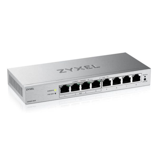 Zyxel GS1200-8HPV3 Managed L2 Gigabit Ethernet (10/100/1000) Power over Ethernet (PoE) Desktop Grijs (GS12008HPV3EU0101F) Zyxel GS1200-8HPV3 Managed L2 Gigabit Ethernet (10/100/1000) Power over Ethernet (PoE) Desktop Grijs (GS12008HPV3EU0101F)