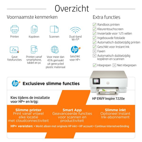 HP ENVY Inspire 7220e Draadloos All-in-One Kleur Printer, Instant Ink; Kopieerapparaat, scanner (242P6B)