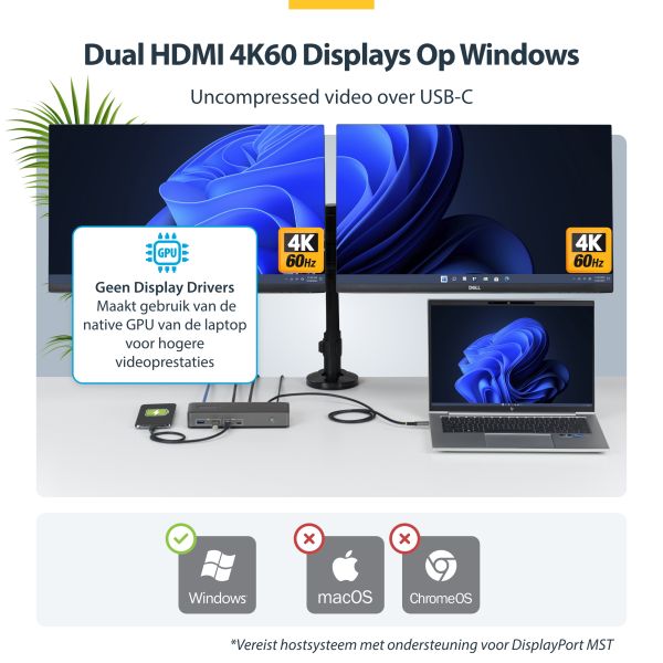 StarTech.com Dual-Monitor USB-C Docking Station, HDMI, 4K 60Hz, 100W Laptop Charging, 1GbE, Driverless, Multi-Monitor Dock voor Windows