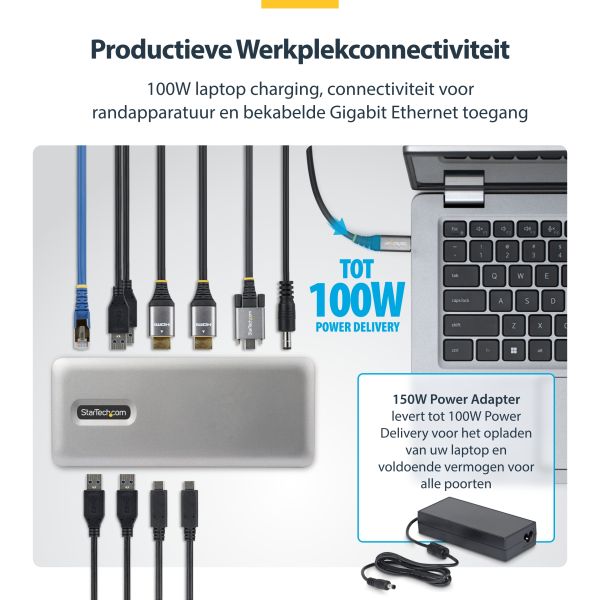 StarTech.com Dual-Monitor USB-C Docking Station, HDMI, 4K 60Hz, 100W Laptop Charging, 1GbE, Driverless, Multi-Monitor Dock voor Windows