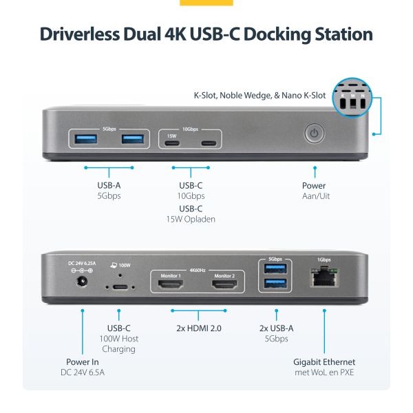 StarTech.com Dual-Monitor USB-C Docking Station, HDMI, 4K 60Hz, 100W Laptop Charging, 1GbE, Driverless, Multi-Monitor Dock voor Windows