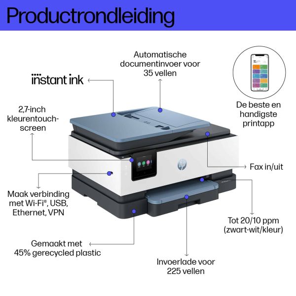 HP OfficeJet Pro 8125e Draadloos All-in-One Kleur Printer, Instant Ink; Dubbelzijdig printen (405U8B)