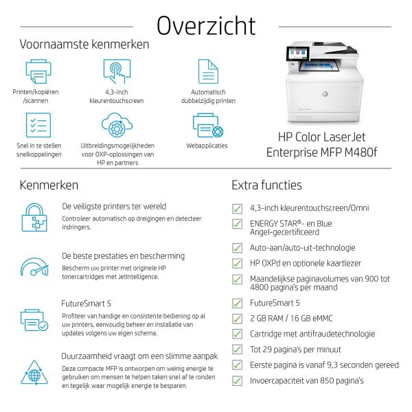 HP Color LaserJet Enterprise LaserJet Enterprise M480f Multifunction Kleur Printer, Alleen Ethernet; Kopieerapparaat, scanner (3QA55ABGJ)
