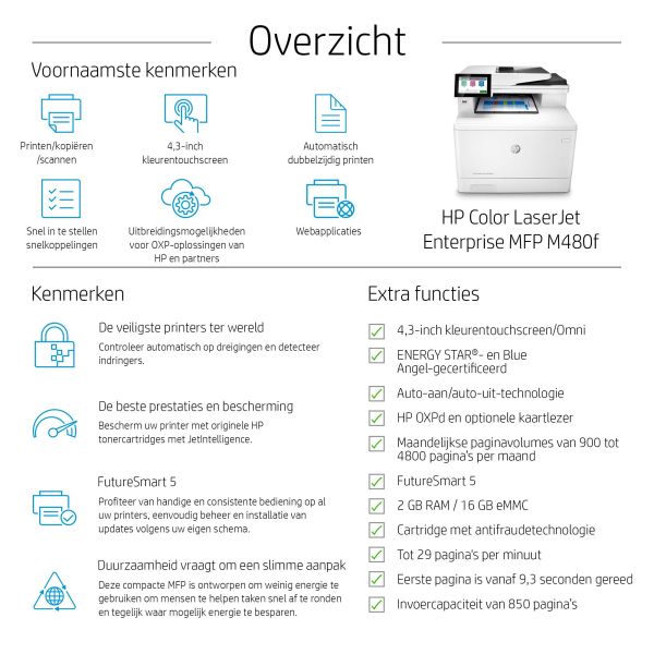 HP Color LaserJet Enterprise LaserJet Enterprise M480f Multifunction Kleur Printer, Alleen Ethernet; Kopieerapparaat, scanner