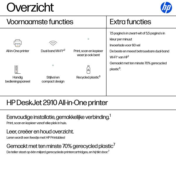 HP DeskJet 2910 Draadloos All-in-One Kleur Printer (89F98B#686) HP DeskJet 2910 Draadloos All-in-One Kleur Printer