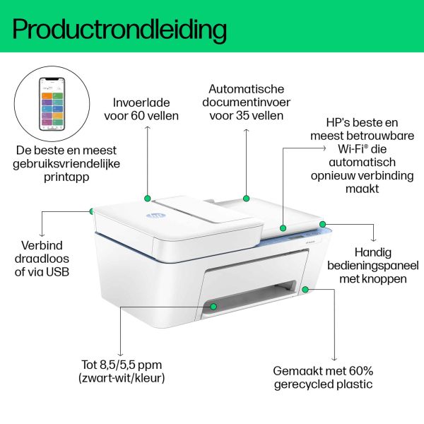 HP DeskJet 4222e Draadloos All-in-One Kleur Printer, Instant Ink; Kopieerapparaat, scanner (60K29B#686)
