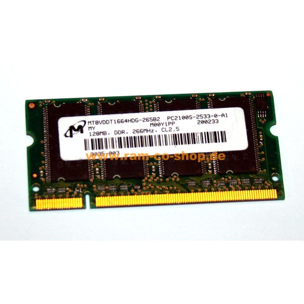 Micron MT8VDDT1664HDG-265B3 Laptop Memory Module - 128 MB DDR-266 MHz - 1Rx16 PC-2100 - CL 2.5 - 200-pin - Non-ecc - SO-DIMM (MT8VDDT1664HDG-265B3)