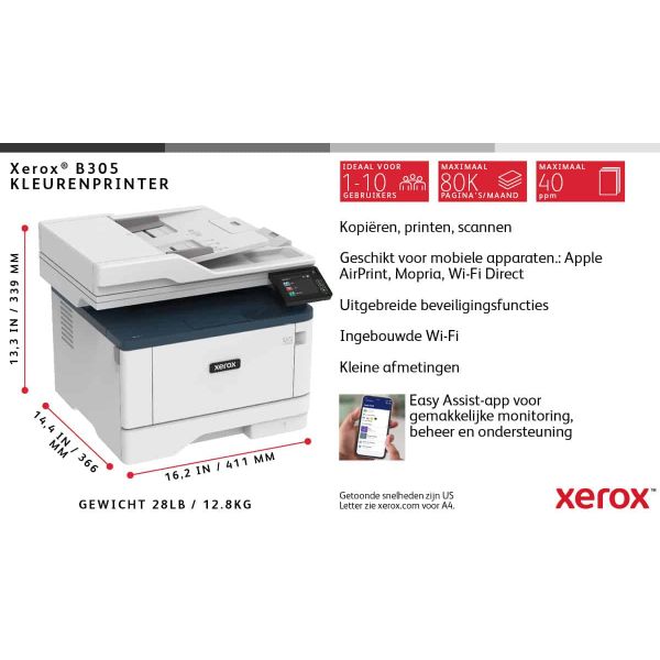 Xerox B305 A4 38 ppm draadloze dubbelzijdige printer PS3 PCL5e/6 2 laden totaal 350 vel (B305/DNI)