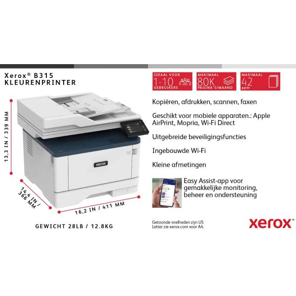 Xerox B315 A4 40 ppm draadloze dubbelzijdige printer PS3 PCL5e/6 2 laden totaal 350 vel (B315/DNI)