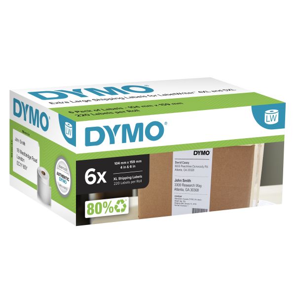 DYMO originele LabelWriter verzendetiketten, extra groot | 104 mm x 159 mm | 6 met elk 220 labels (1.320 zelfklevende etiketten) | Voor de 4XL/5XL LabelWriter labelprinters | Gemaakt in Europa (2238107)