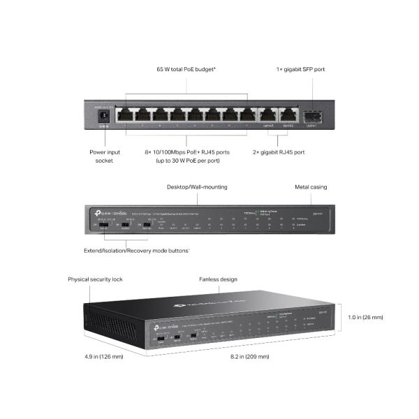 TP-LINK OMADA 8-PORT 10/100MBPS + 3-PORT GIGABIT DESKTOP SWITCH WITH 8-PORT POE+ (DS111P)