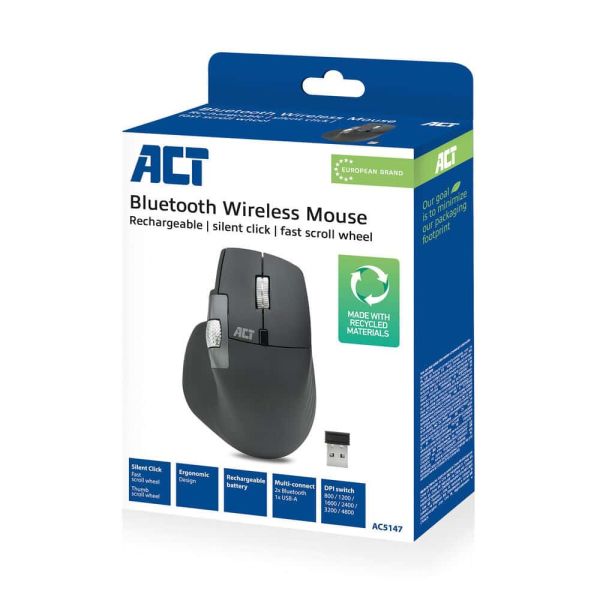 ACT Draadloze multi-connect muis Bluetooth en USB ontvanger, oplaadbaar, 4800 DPI met stille klik, snel scrolwiel en duimscrolwiel, gemaakt van gerecyclede materialen (AC5147)
