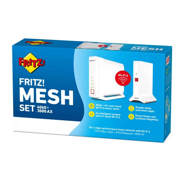 Mesh Set FRITZ! 4060 + 3000 AX INT Tri-band (2.4 GHz / 5 GHz / 5 GHz) Wi-Fi 6 (802.11ax) Wit 4x4 (20003054)