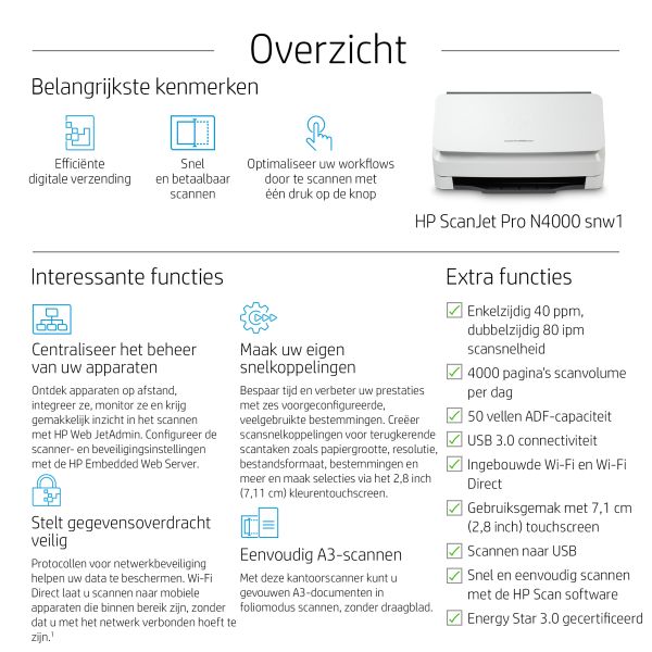 HP ScanJet Pro N4000 snw1 Paginascanner 600 x 600 DPI A4 Zwart, Wit (6FW08A)