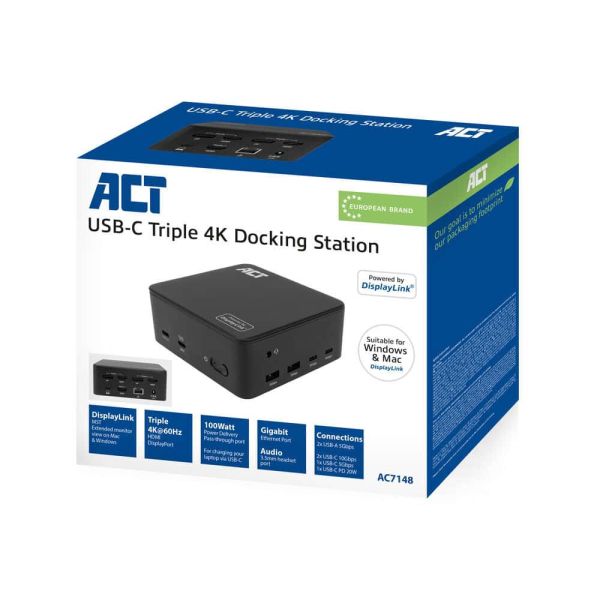 ACT Universeel USB-C Dockingstation 4K, voor 3 HDMI/DisplayPort monitoren, DisplayLink (AC7148)
