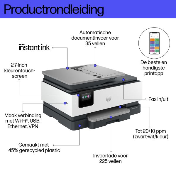 HP OfficeJet Pro 8134e Draadloos All-in-One Kleur Printer, Instant Ink; Dubbelzijdig printen (40Q46B)