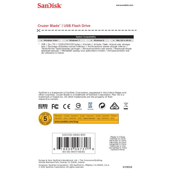 SanDisk Cruzer Blade USB flash drive 64 GB USB Type-A 2.0 Zwart, Rood (SDCZ50-064G-B35)