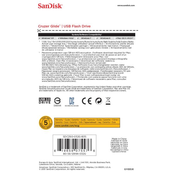 SanDisk Cruzer Glide USB flash drive 32 GB USB Type-A 2.0 Zwart, Rood (SDCZ60-032G-B35)