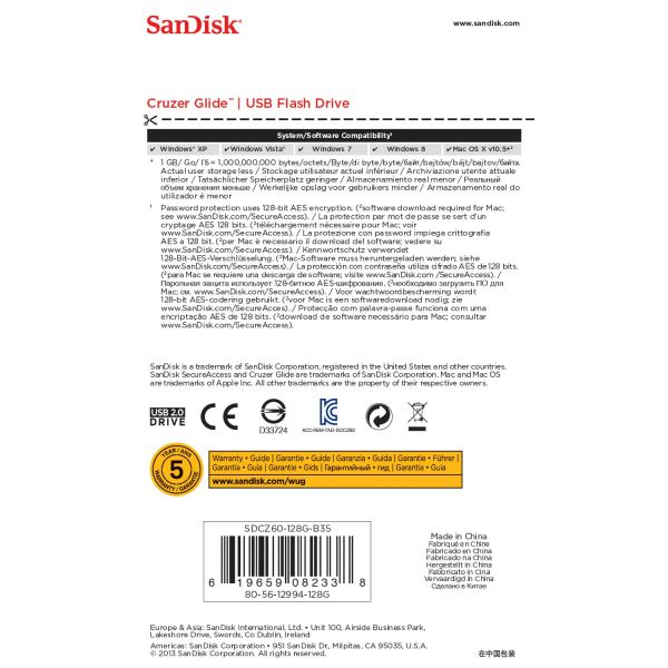 SanDisk Cruzer Glide USB flash drive 128 GB USB Type-A 2.0 Zwart, Rood (SDCZ60-128G-B35)