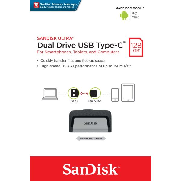 SanDisk Ultra Dual Drive USB Type-C USB flash drive 128 GB USB Type-A / USB Type-C 3.2 Gen 1 (3.1 Gen 1) Zwart, Zilver (SDDDC2-128G-G46)