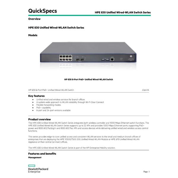 HP 830 8P PoE+ Unifd Wired-WLAN (JG641A-RFB)