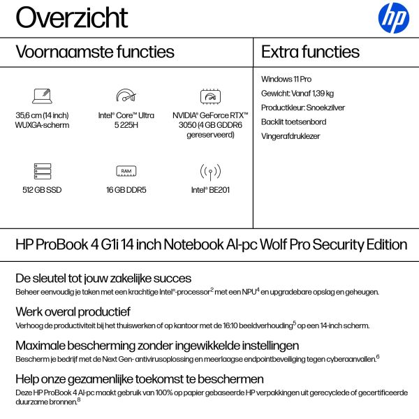 HP P4G1i14 U5 225H 14 16GB/512 PC Intel Intel Core Ultra 5 Laptop 35,6 cm (14") WUXGA DDR5-SDRAM 512 GB SSD Wi-Fi 7 (802.11be) Windows 11 Pro AI PC Zilver (D4TM3EA#ABH)