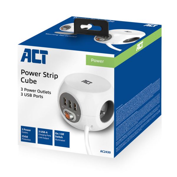 ACT Stekkerdoos cube met 3 stopcontacten, USB-A-poorten, 1,5m (België)