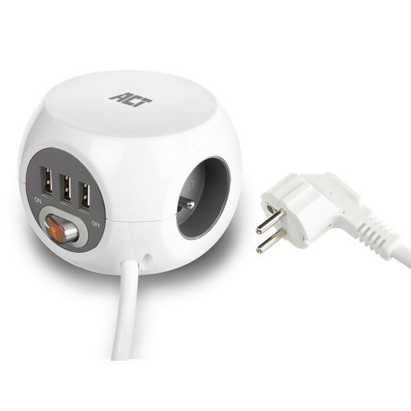 ACT Stekkerdoos cube met 3 stopcontacten, USB-A-poorten, 1,5m (België)