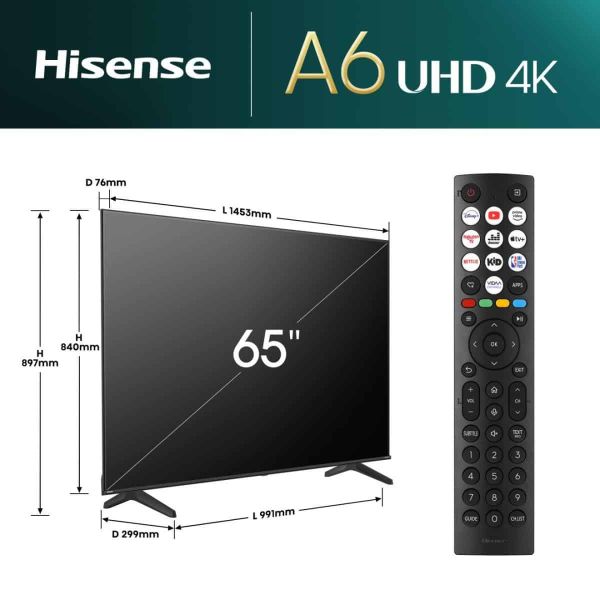 Hisense 65A6N 165,1 cm (65") 4K Ultra HD Smart TV Wifi Zwart 300 cd/m² (65A6N) Hisense 65A6N 165,1 cm (65") 4K Ultra HD Smart TV Wifi Zwart 300 cd/m² (65A6N)