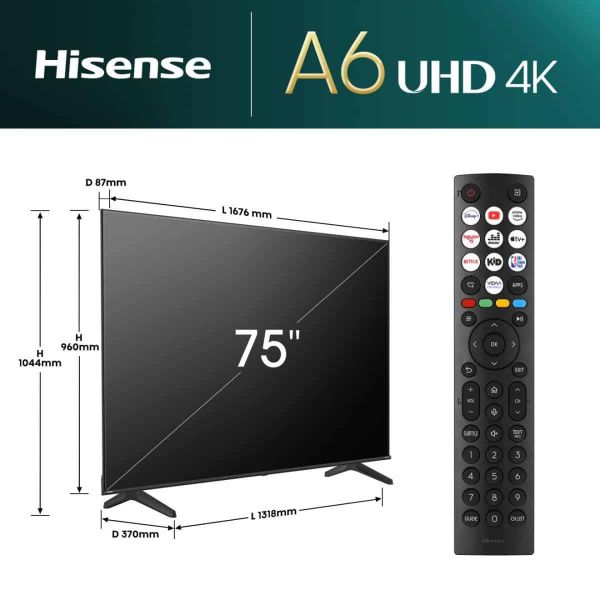 Hisense 75A6N 190,5 cm (75") 4K Ultra HD Smart TV Wifi Zwart 350 cd/m² (75A6N) Hisense 75A6N 190,5 cm (75") 4K Ultra HD Smart TV Wifi Zwart 350 cd/m² (75A6N)