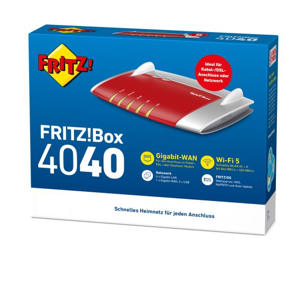 FRITZ! Box 4040 draadloze router Gigabit Ethernet Dual-band (2.4 GHz / 5 GHz) Rood, Zilver (20002763) FRITZ! Box 4040 draadloze router Gigabit Ethernet Dual-band (2.4 GHz / 5 GHz) Rood, Zilver (20002763)