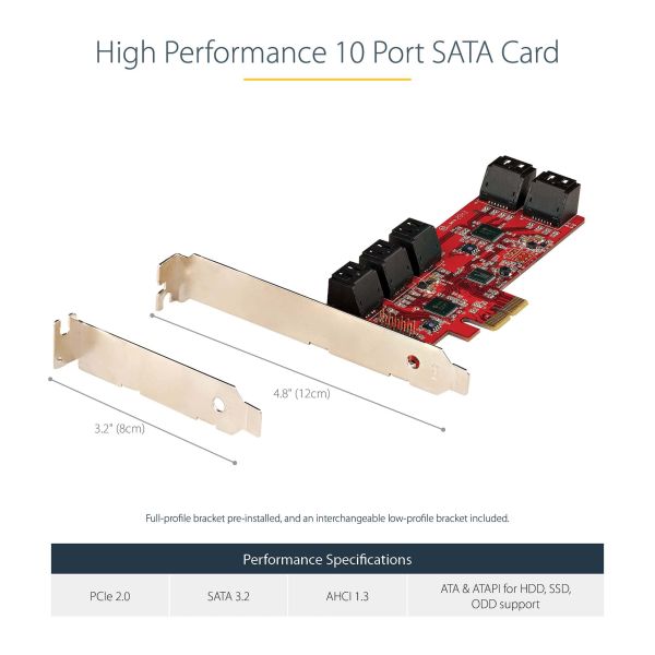 StarTech.com SATA PCIe Kaart, 10 Port PCIe SATA Uitbreidingskaart, 6Gbps, Low/Full Profile, Stacked SATA Connectors, ASM1062 Non-Raid, PCI Express naar SATA Converter/Adapter (10P6G-PCIE-SATA-CARD)